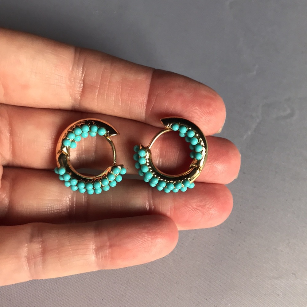 New! Gold Turquoise Bead Huggie Earrings - Picture 6 of 8